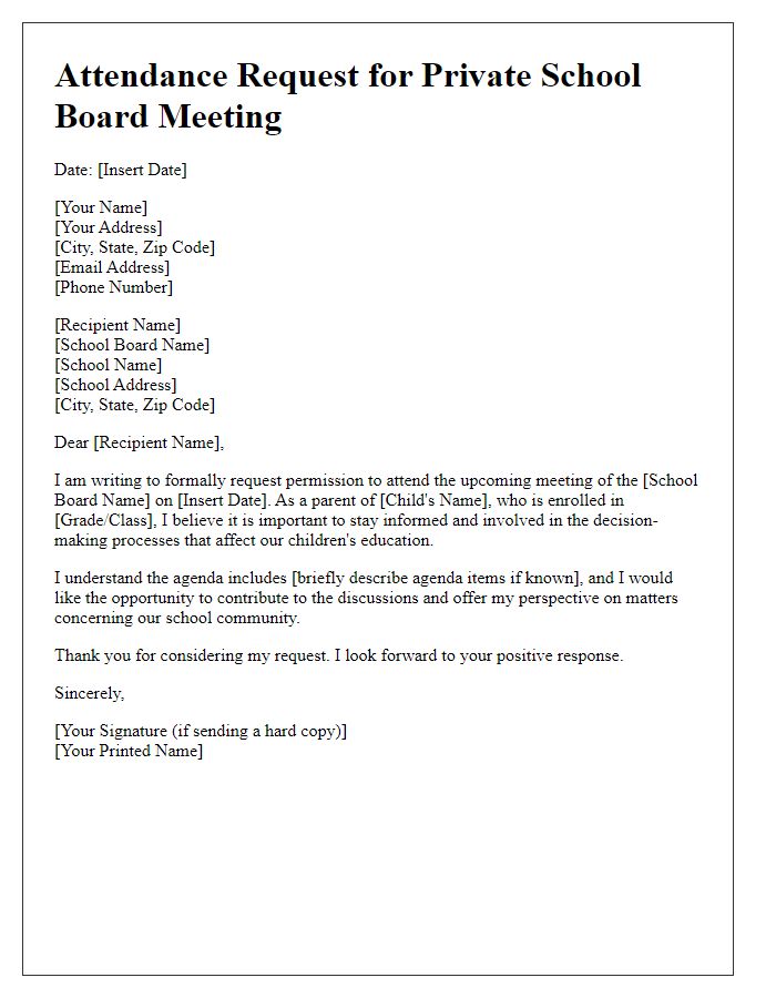 Letter template of Attendance Request for Private School Board Meeting