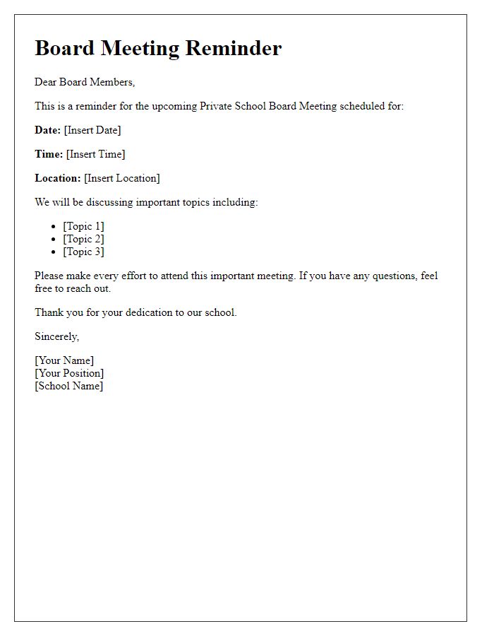 Letter template of Private School Board Meeting Reminder