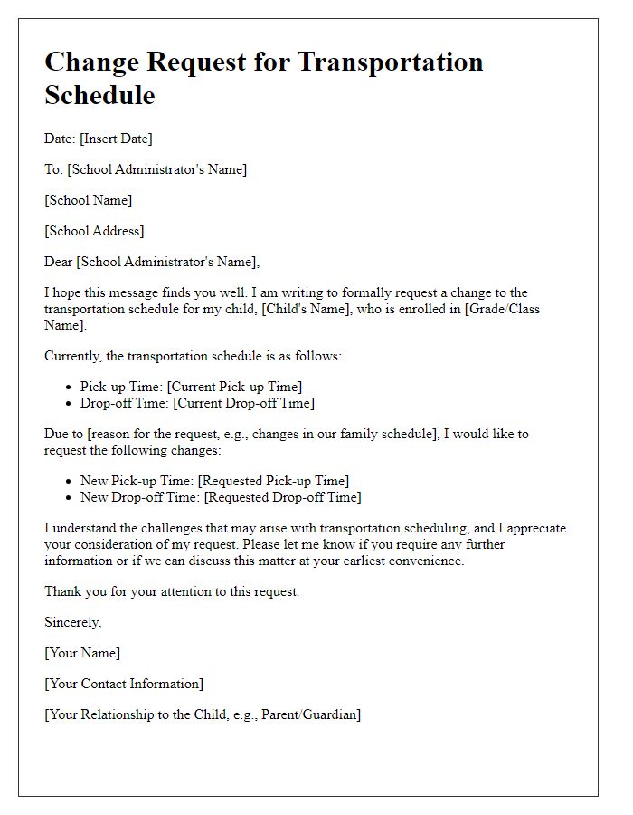 Letter template of change request for private school transportation schedule.