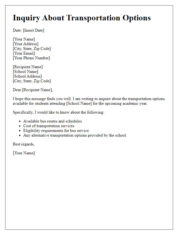 Letter template of inquiry about private school transportation options.