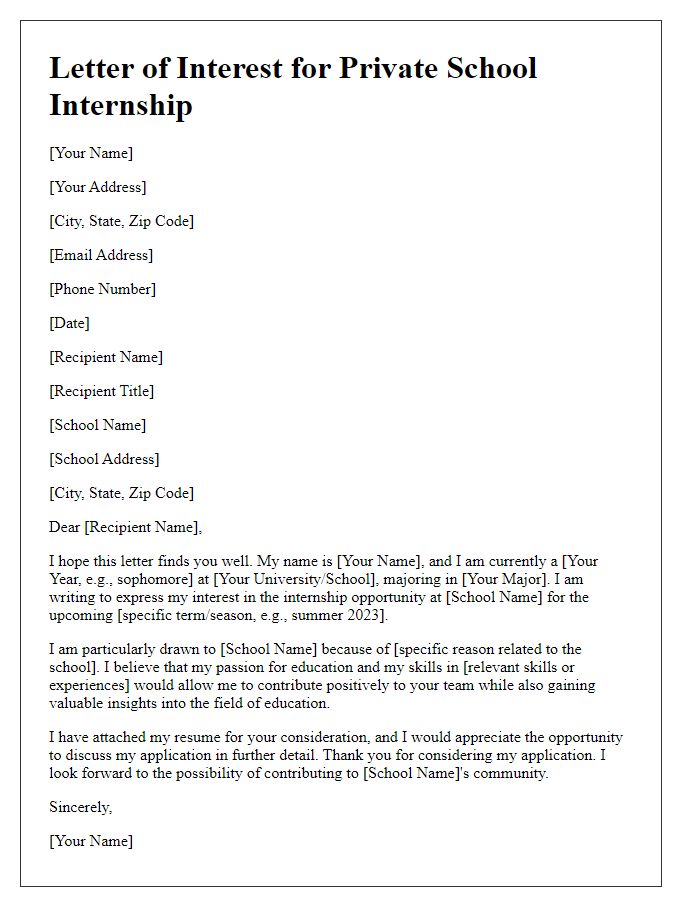 Letter template of interest in private school internship