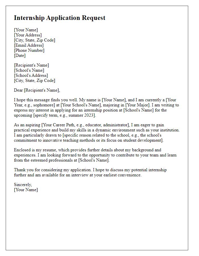 Letter template of private school internship application request