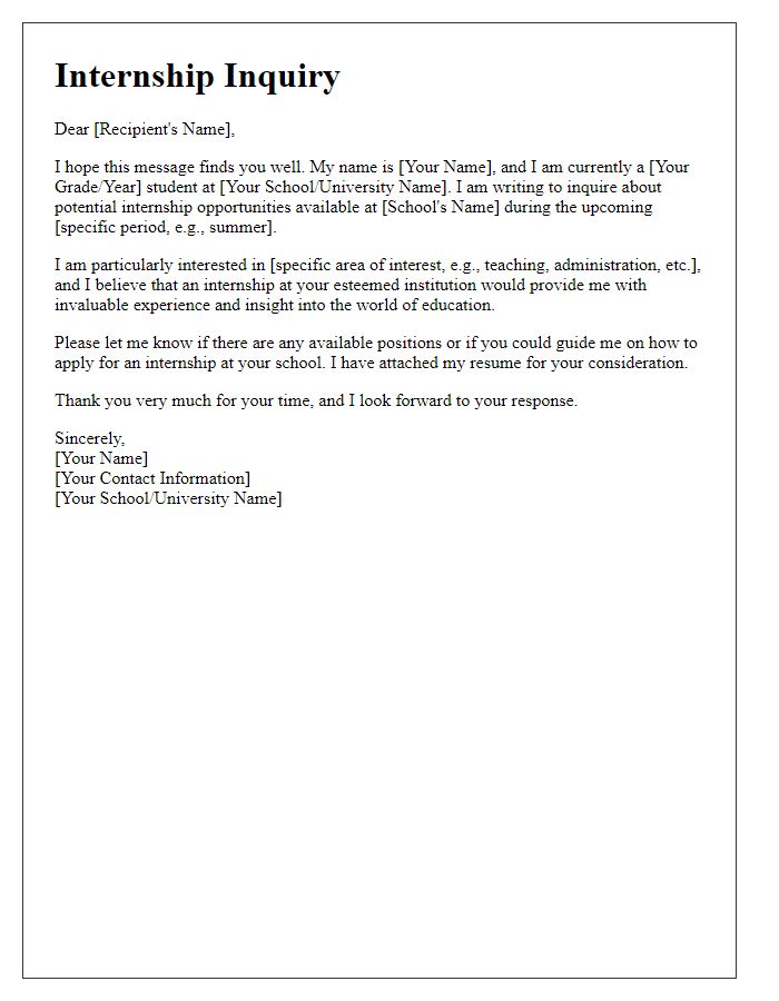 Letter template of private school internship inquiry