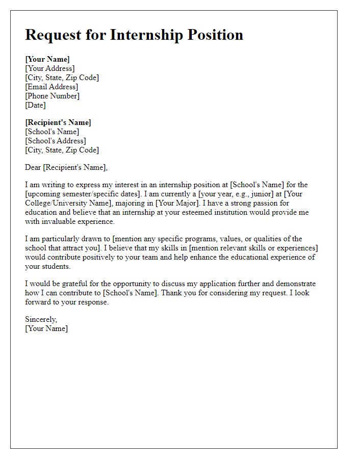 Letter template of request for internship position in private school