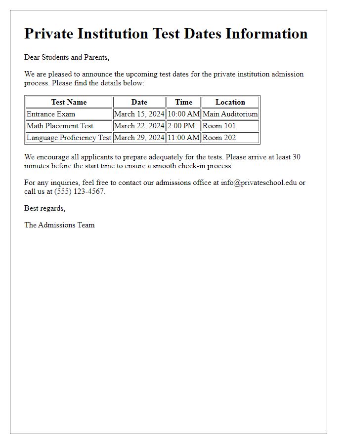 Letter template of private institution test dates information