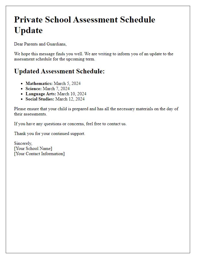 Letter template of private school assessment schedule update