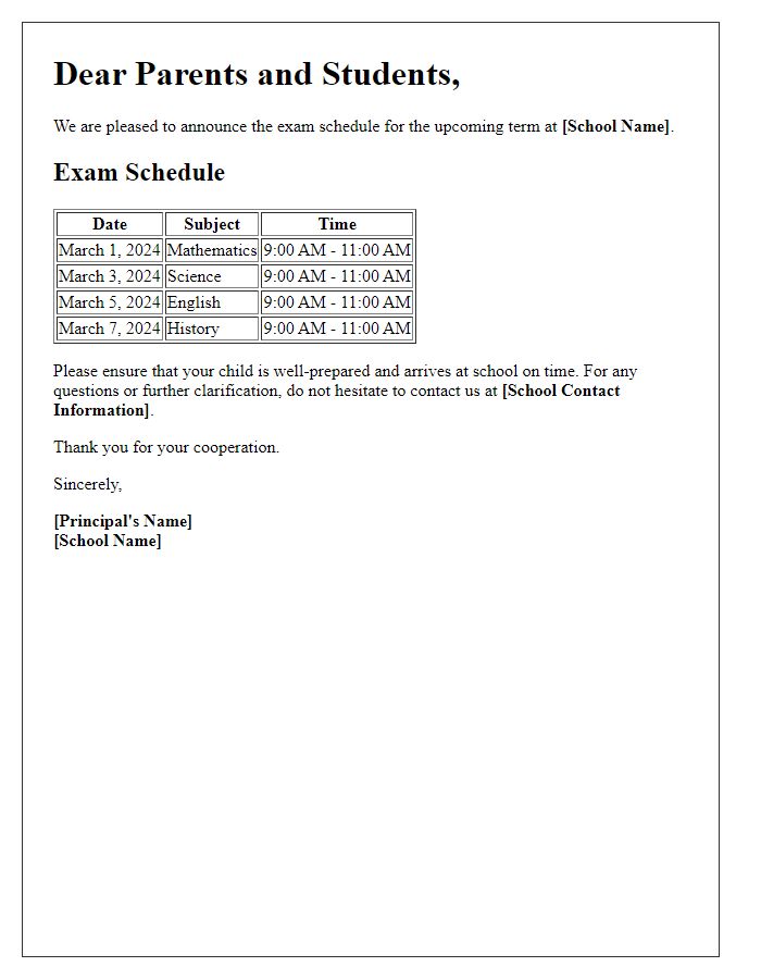 Letter template of private school exam schedule announcement