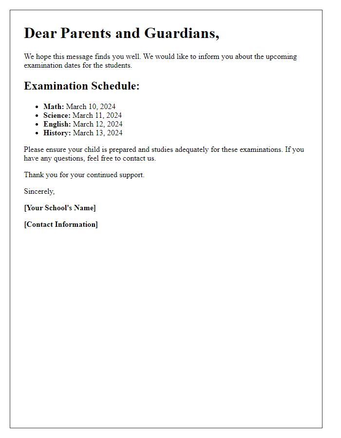 Letter template of private school examination dates communication