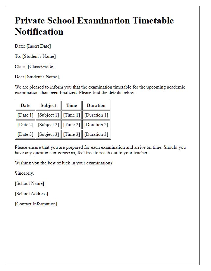 Letter template of private school examination timetable notification