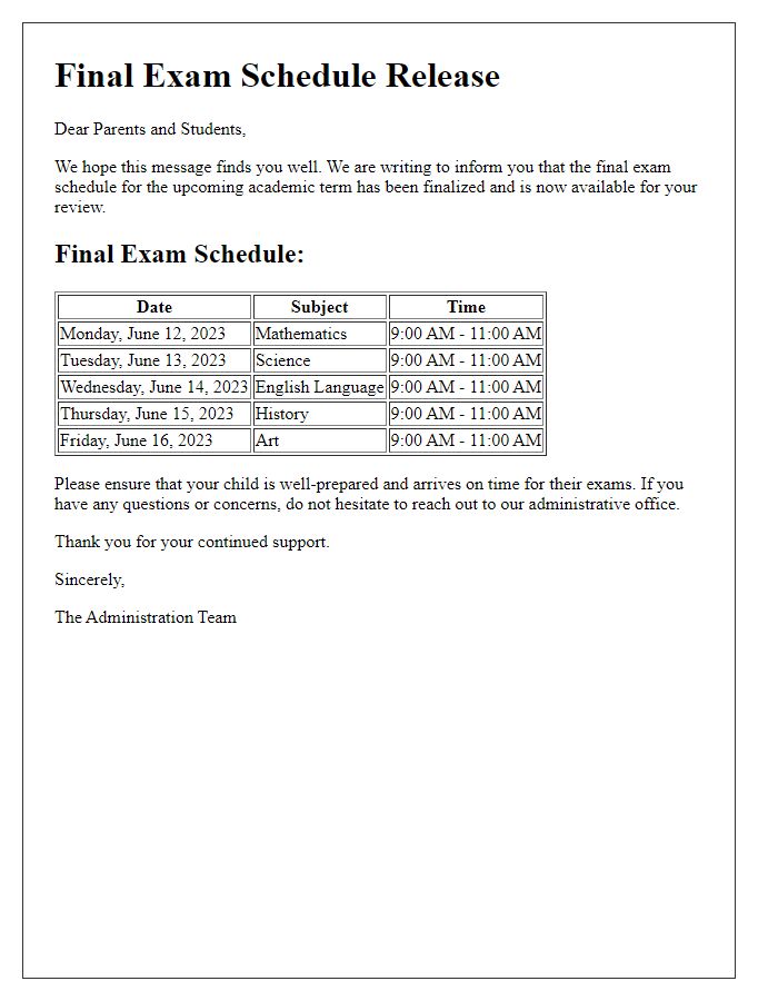 Letter template of private school final exam schedule release