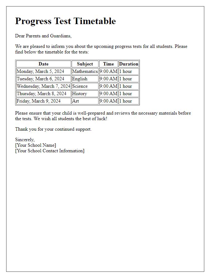 Letter template of private school progress test timetable