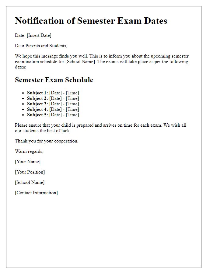 Letter template of private school semester exam dates notification