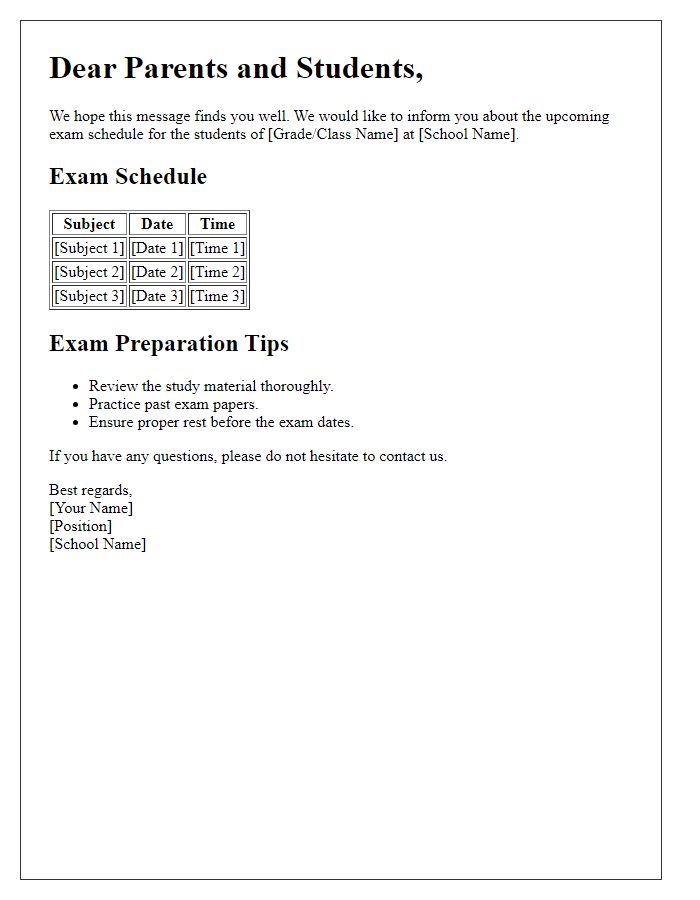 Letter template of private school upcoming exam details