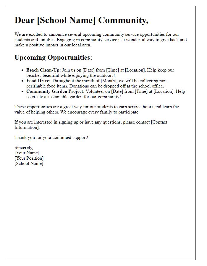 Letter template of announcement for private school community service opportunities