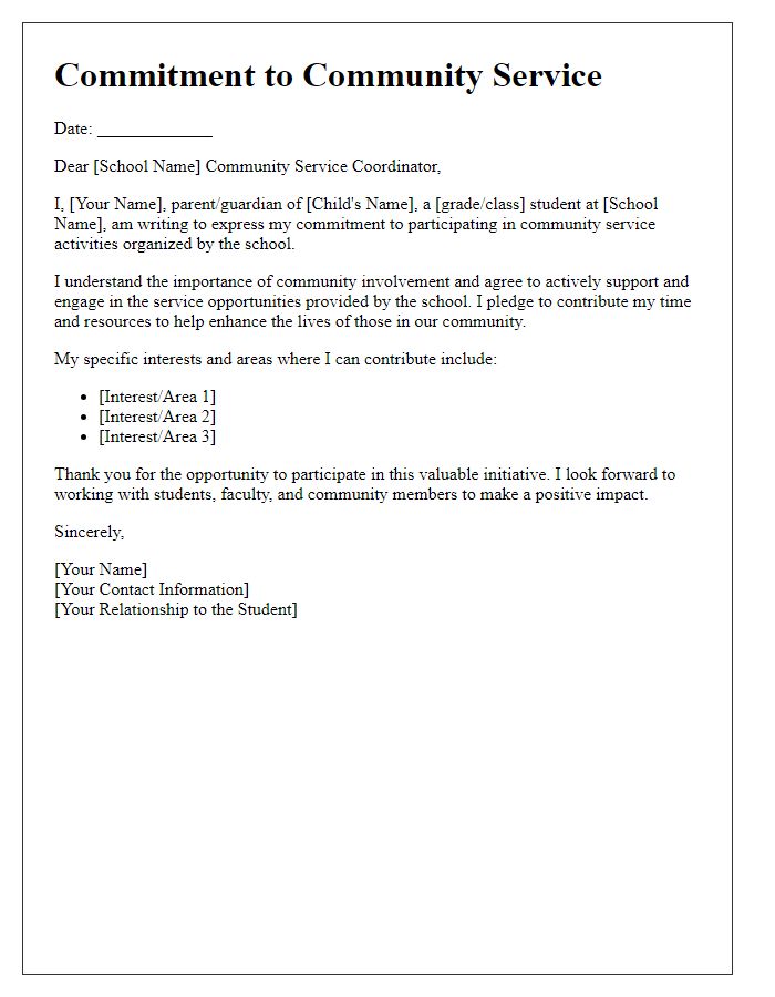 Letter template of commitment to private school community service participation