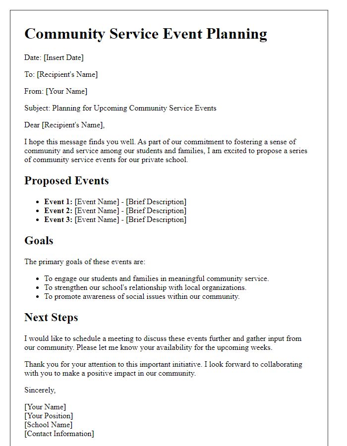 Letter template of planning for private school community service events