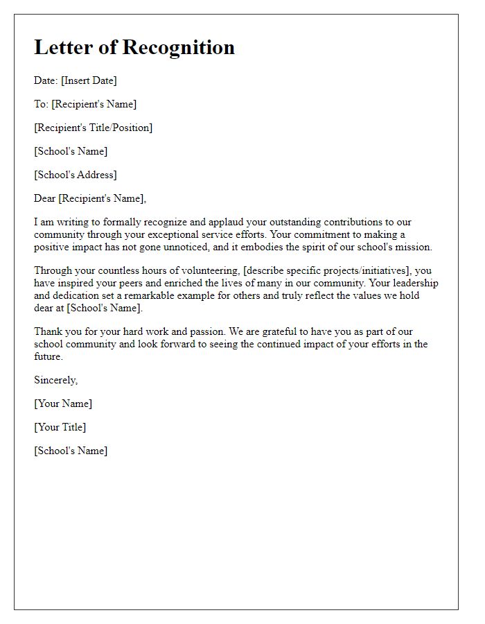 Letter template of recognition for outstanding private school community service efforts