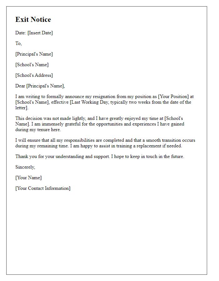 Letter template of exit notice for private school teacher