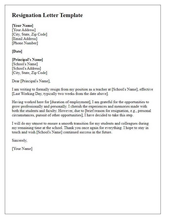 Letter template of formal resignation for private school teacher