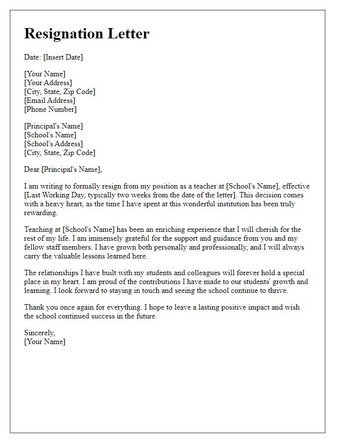 Letter template of gratitude-filled resignation for private school teacher