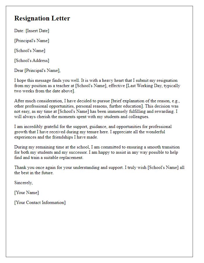 Letter template of heartfelt resignation for private school teacher