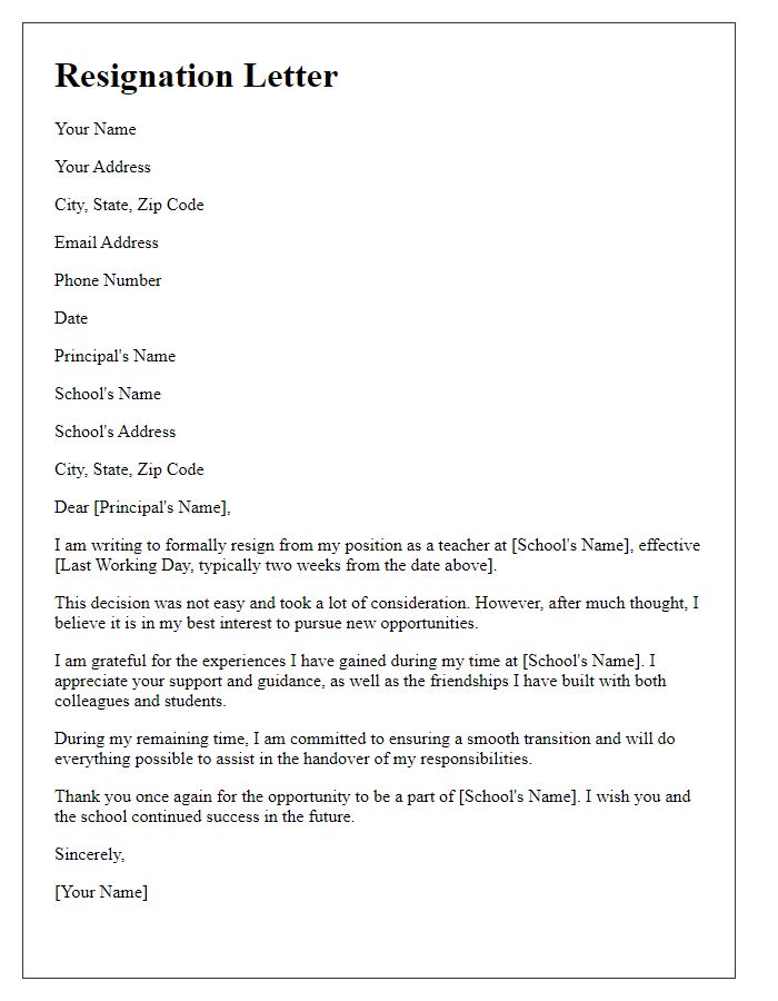 Letter template of professional resignation for private school teacher