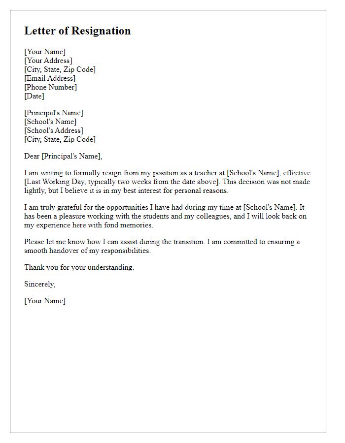 Letter template of short notice resignation for private school teacher