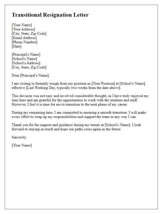 Letter template of transitional resignation for private school teacher