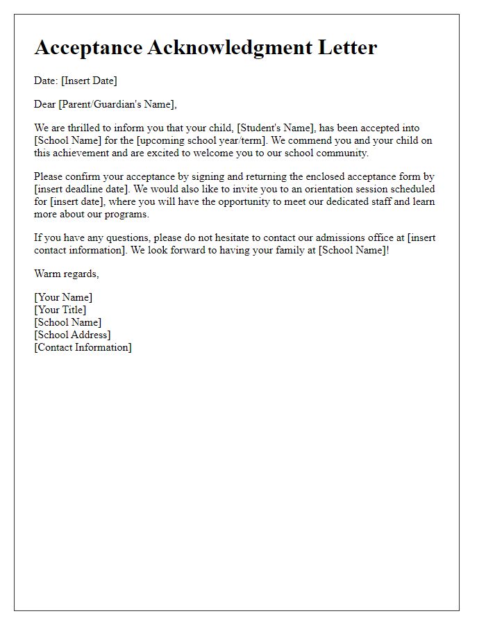 Letter template of private school acceptance acknowledgment for first-time students