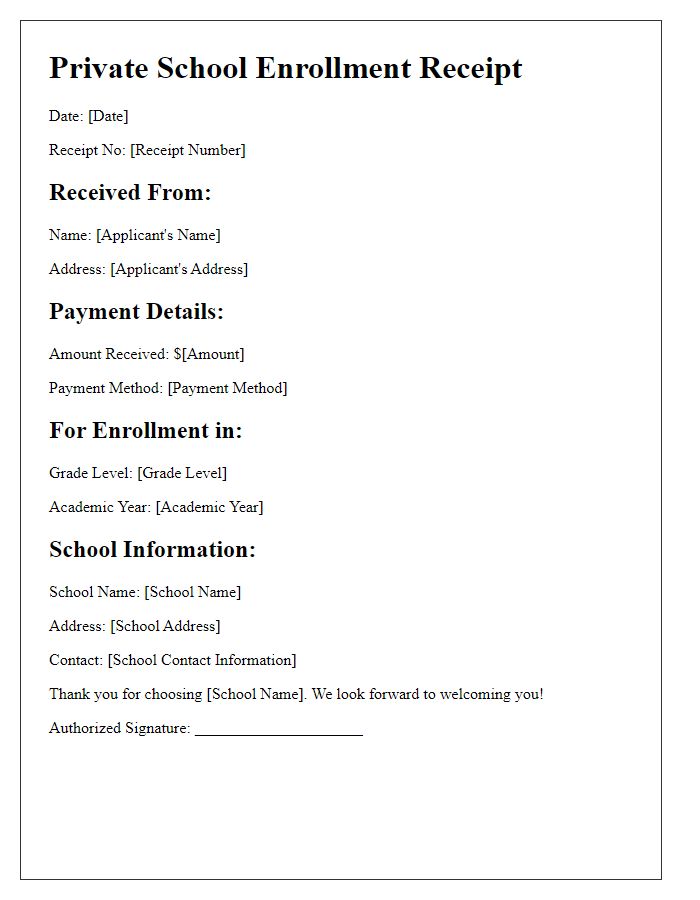 Letter template of private school enrollment receipt for new applicants