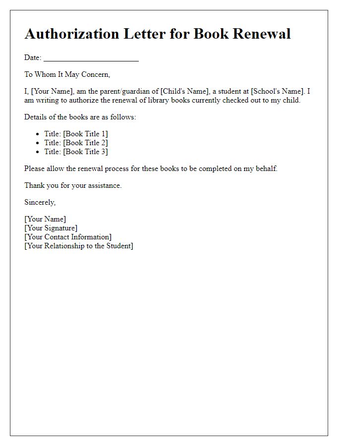 Letter template of authorization for private school library book renewal