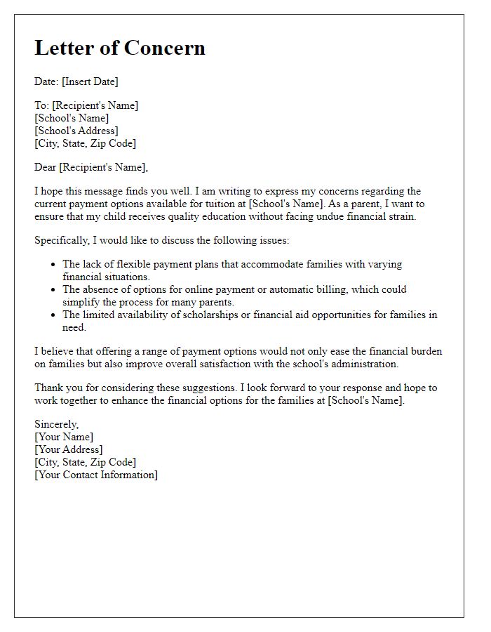 Letter template of concerns about private school payment options