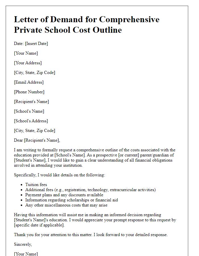 Letter template of demand for comprehensive private school cost outline