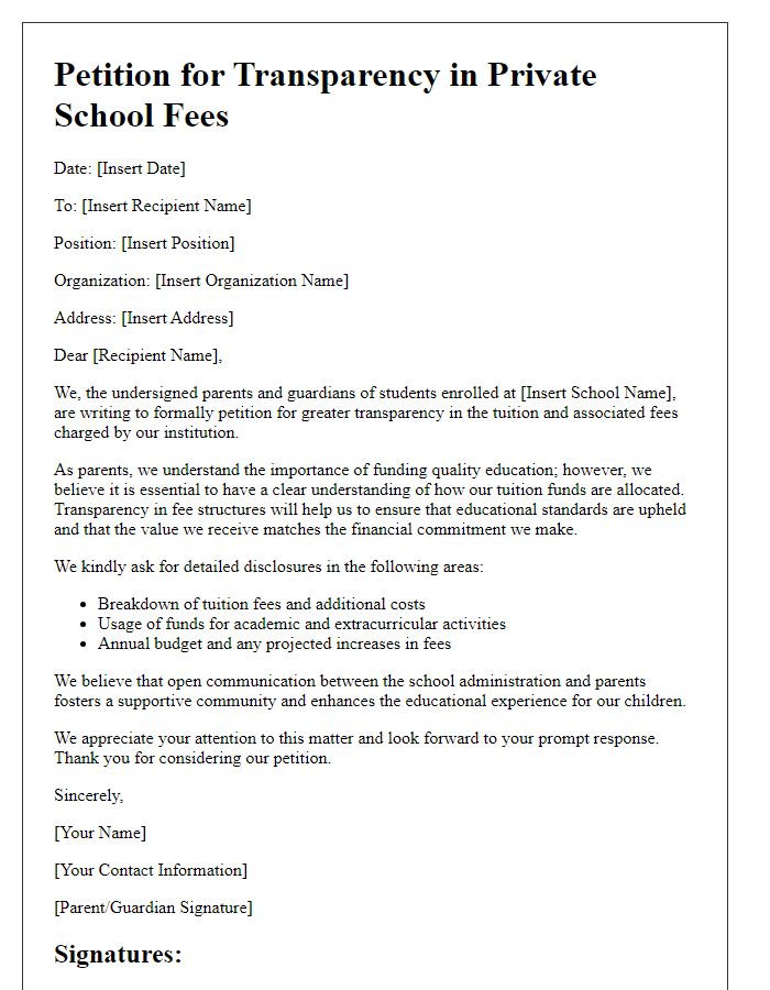 Letter template of petition for transparency in private school fees