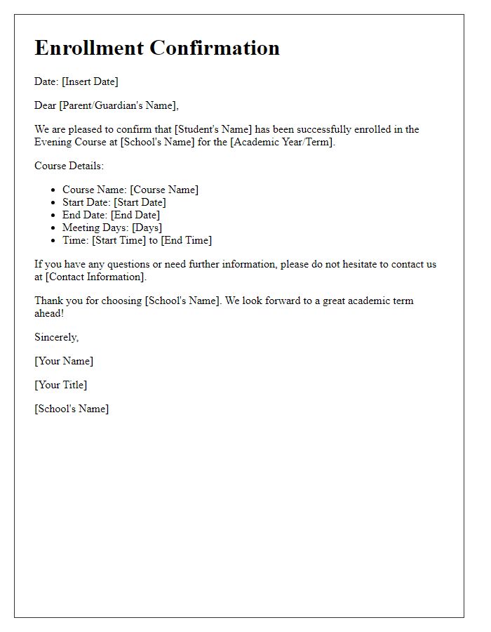 Letter template of confirmation for private school evening course enrollment