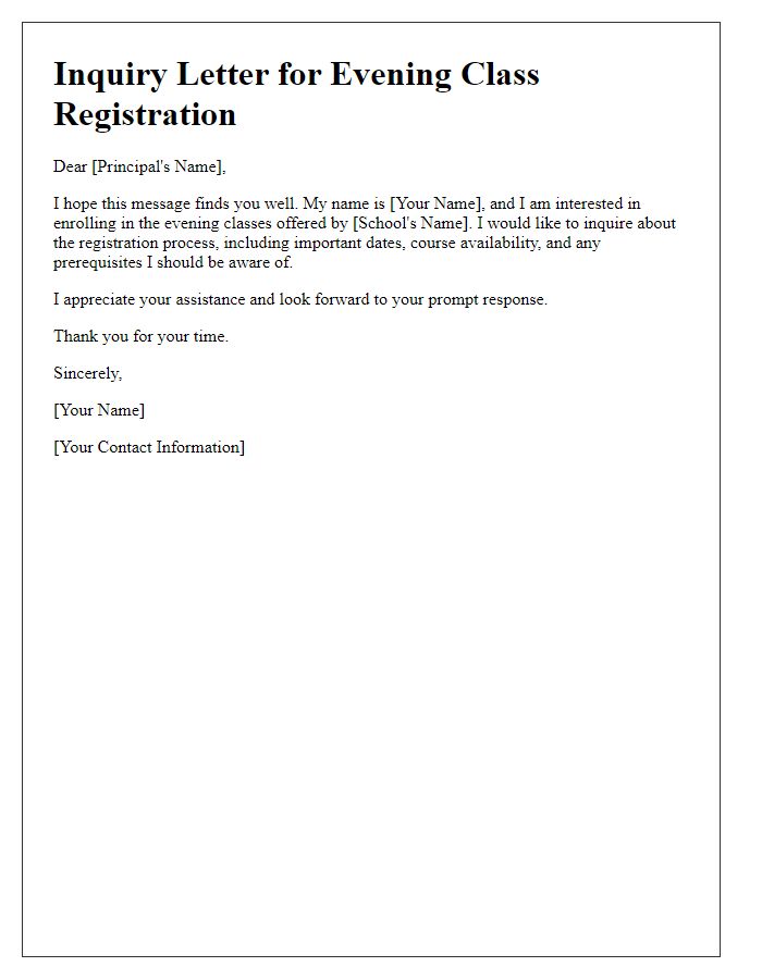 Letter template of inquiry regarding private school evening class registration