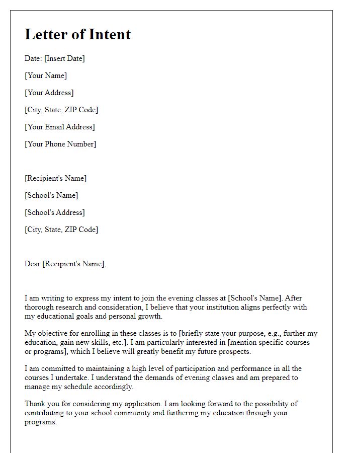 Letter template of intent to join private school evening classes