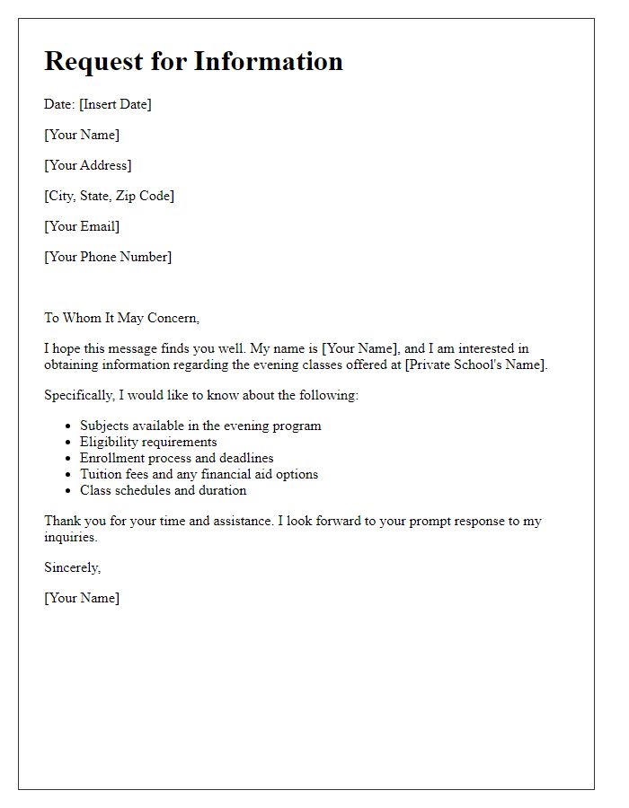 Letter template of request for information on private school evening classes