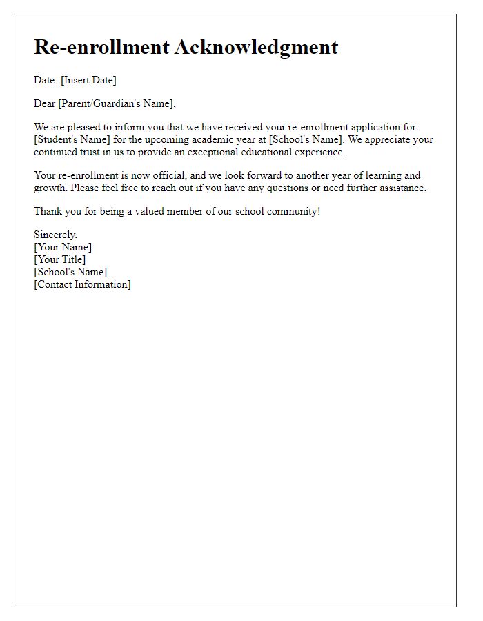 Letter template of private school re-enrollment acknowledgment.