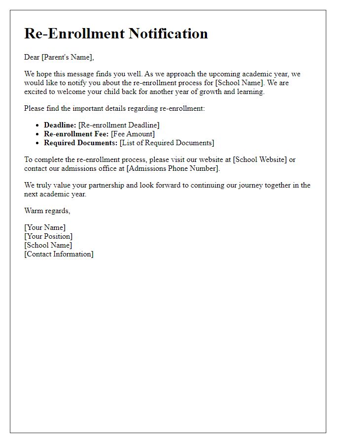 Letter template of private school re-enrollment notification.