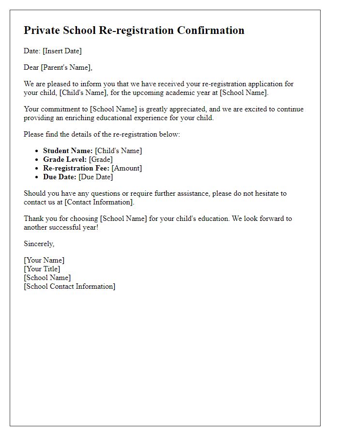 Letter template of private school re-registration confirmation.