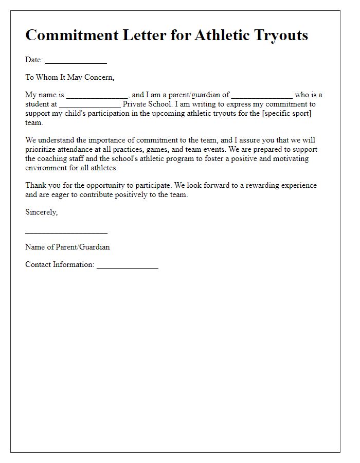 Letter template of commitment for private school athletic tryouts