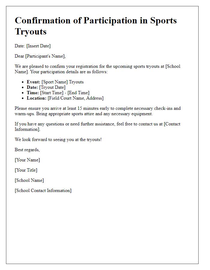 Letter template of confirmation for participation in private school sports tryouts