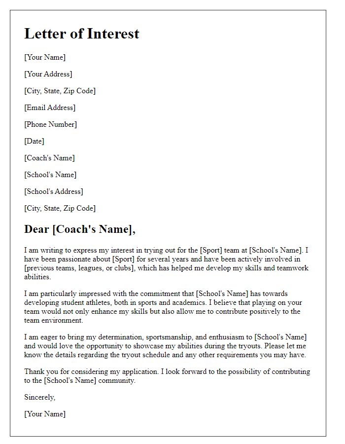 Letter template of interest for private school sports team tryouts