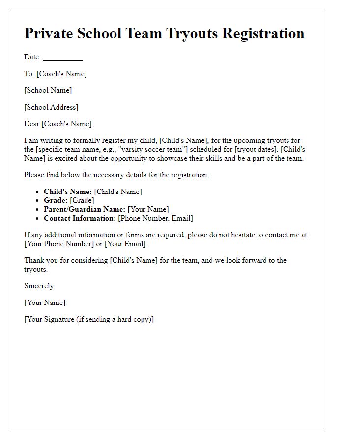 Letter template of registration for private school team tryouts