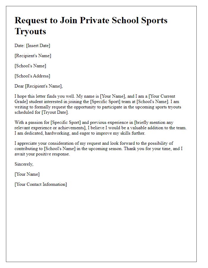 Letter template of request to join private school sports tryouts