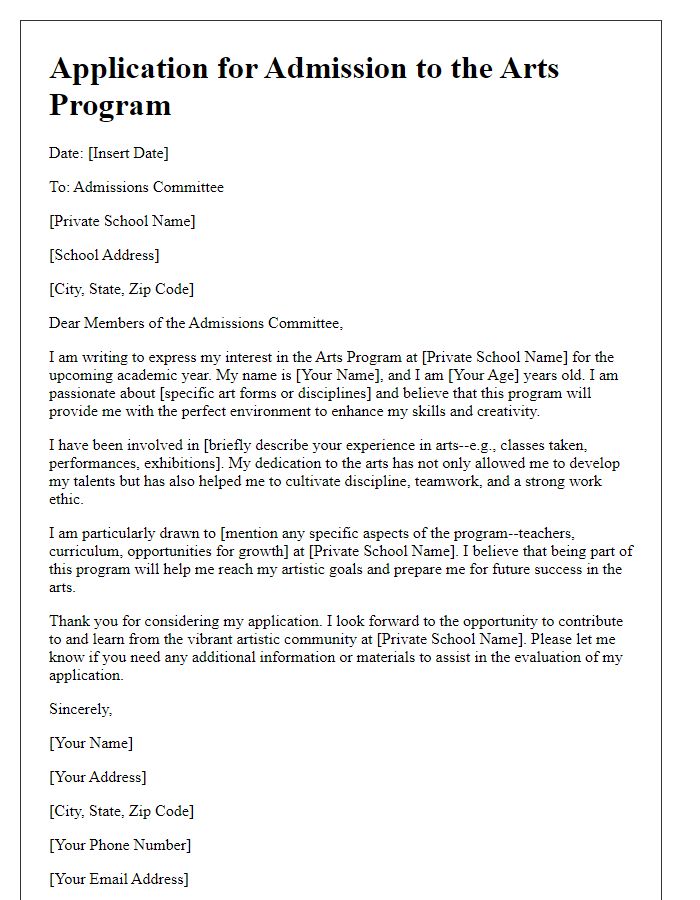 Letter template of application for private school arts program