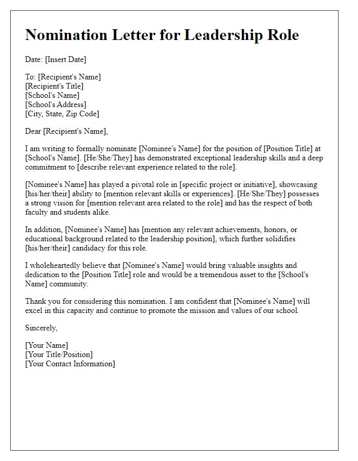 Letter template of nomination for private school leadership roles