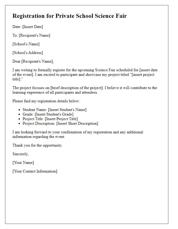 Letter template of registration for private school science fair