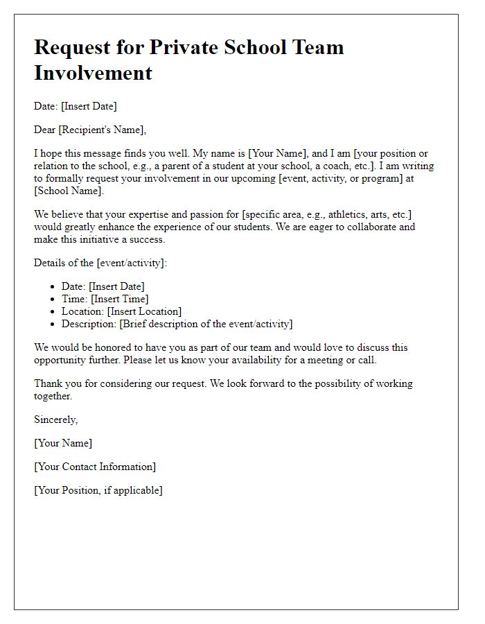 Letter template of request for private school team involvement